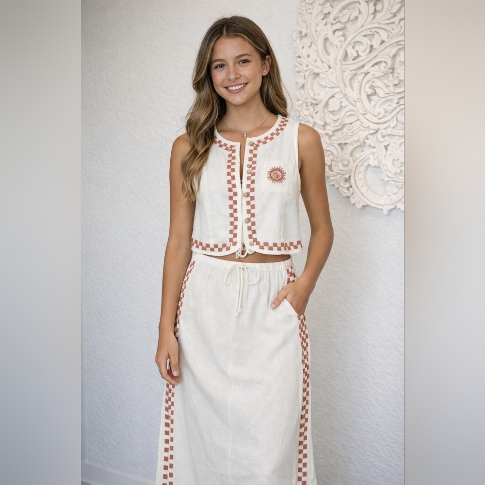 NWT Billabong 2 Pc Cream & Copper/rust Button Down Vest & Skirt - Size Medium